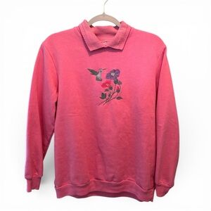 Vintage 90s Pink Floral Sweatshirt Embroidered Hummingbird Grandma cottagecore M